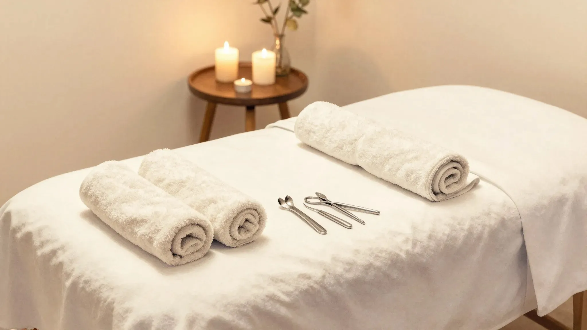 A massage bed made up with rolled white towels beside a candlelit side table