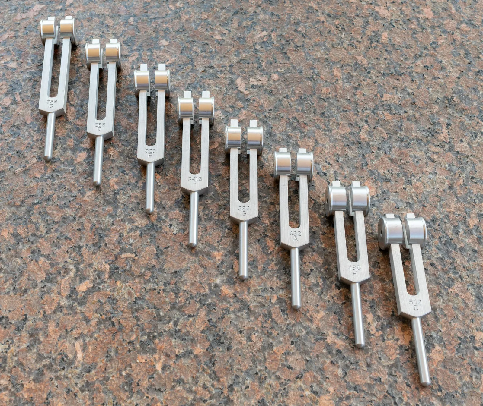 A row of tuning forks laid out on stone